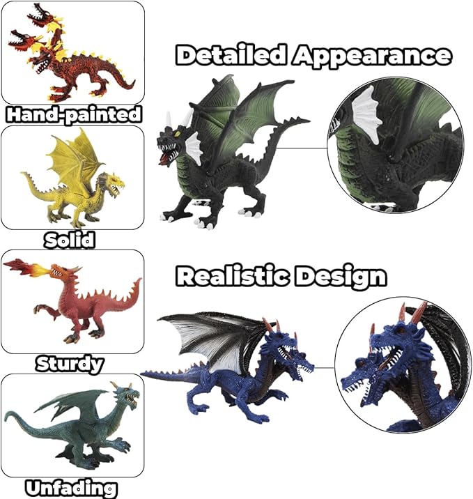 Large Dragon Toys, 6Pcs Dragon Action Figures Set Plastic Flying Dragon Figurines Toy for Kids Adults, Realistic Ancient Dragon Toys Cake Toppers for Kids Children Adults Birthday Party Decorations