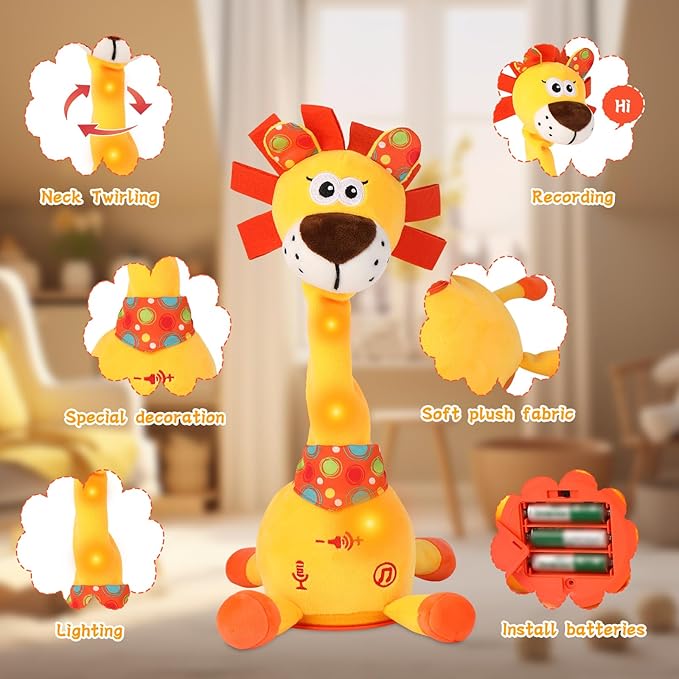 LUKETURE Dancing Talking Lion Plush, Interactive Stuffed Animal Toy, Musical Plush with Record & Repeat, Sings 10 Songs, LED Lights