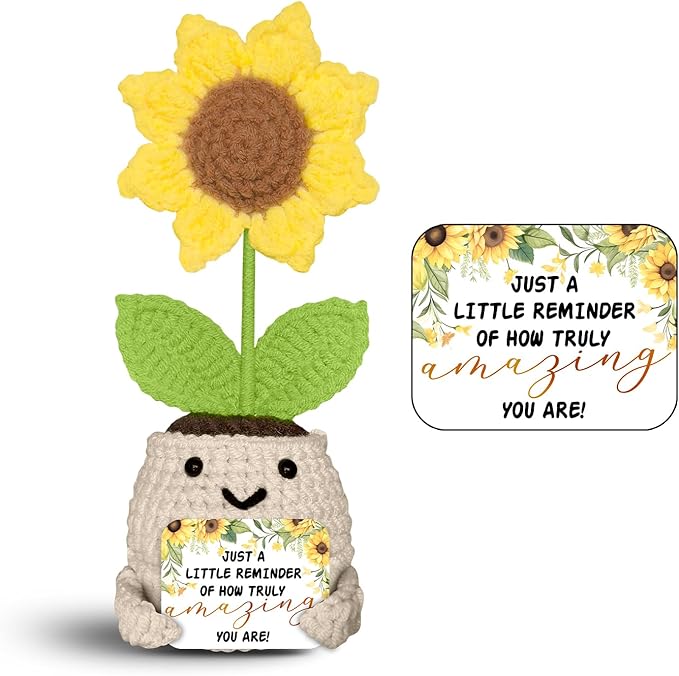Sunflower Encouragement Gift – Handmade Crochet Plush with Positive Message - Crochet Sunflower Plush – You are Amazing Encouragement Gift