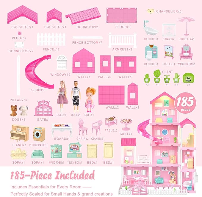 Dreamy Dollhouse Playset for Girls,Princess Doll House with 4-Story 10 areas 2 Dolls, Lights, Pets,Furniture & Accessories, Pretend-Play Toddler Playhouse Gift for 3 4 5 6 7 8 9+ Year Old Girls Toys