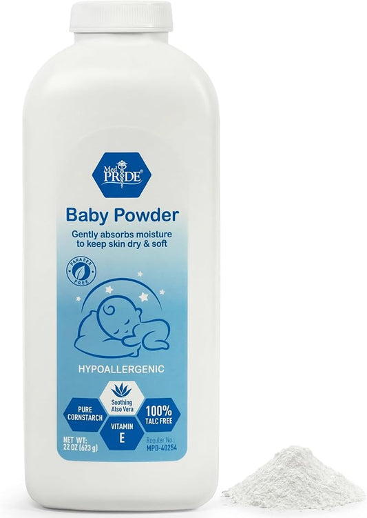 MED PRIDE Baby Powder Talc Free Cornstarch Formula with Aloe Vera and Vitamin E, Hypoallergenic Skin Care for Diaper Changes and Daily Use, 22 Ounce Bottle