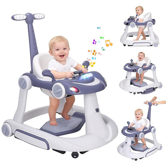 Baby Walker, 4-in-1 Baby Walker with Wheels Portable, Foldable Infant Toddler Walker for Boys Girls 6-18 Month (Dark Blue)