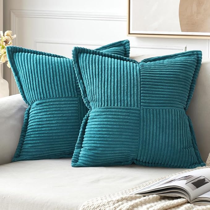 MIULEE Decorative Throw Pillow Covers for Couch 16x16 Inch Teal Blue 2 Pack | Boho Broadside Striped Patchwork Pillow Covers, Soft Corduroy Cushion Cases, For Sofa Bed Livingroom Home Decor
