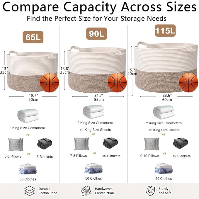 Large Woven Blanket Basket,65L Cotton Rope Laundry Basket | Collapsible Nursery Storage Bin with Sturdy Handles for Clothes, Toys, Pillows, Living Room Bedroom Bathroom - White & Brown
