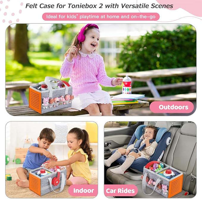 PISOSN Carrying Case for Toniebox Starter Set and Tonies Figurines, Travel Felt Cloth Musical Toy Folding Bag for Toniebox 2 & Accessories (Orange)