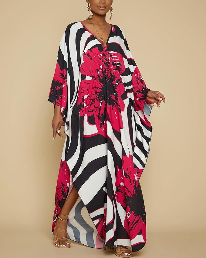 Bsubseach Kaftan Dresses for Women Floral Print Plus Size Beach Cover Up | Lightweight V Neck Loose Fit Boho Dress, Batwing Sleeve Side Slit, Moo Moos for Women Home Loungwear Cruise Resort Wear
