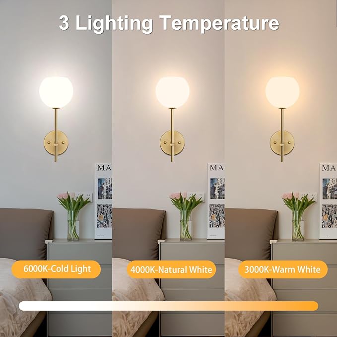 Gold Battery Operated Wall Sconces Set of 2, Rechargeable Wireless Wall Lights with Milky White Frosted Glass Shade, 12 RGB and 3CCT Dimmable, Wall Lamps with Remote for Bedroom Living Room Hallway