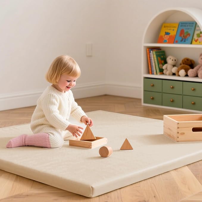 Huloo Sleep Baby Play Mat 50x50 Inches, 1.3" Thick Padded Waterproof Floor Cushion & Playpen Mat with Vegan Leather, Non-Slip & Non-Toxic Nursery Rug for Infants, Toddlers & Kids(Beige)