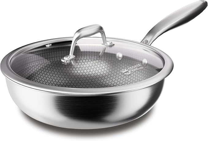COOKER KING 11" Hybrid Wok Pan with Lid, Nonstick Deep Skillet for Stir-Fry | Non-Toxic Coating, Dishwasher & Oven Safe, Induction Ready, Stay-Cool Handle, 3-Ply Stainless Steel Clad for Fast Heat