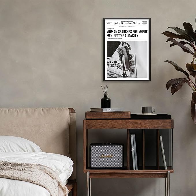 Black and White Newspapers Poster Women Searches For Where Men Get the Audacity Wall Art 12X16 inch Black Framed Trendy Feminist Canvas Prints for Home Bar Wall Decor