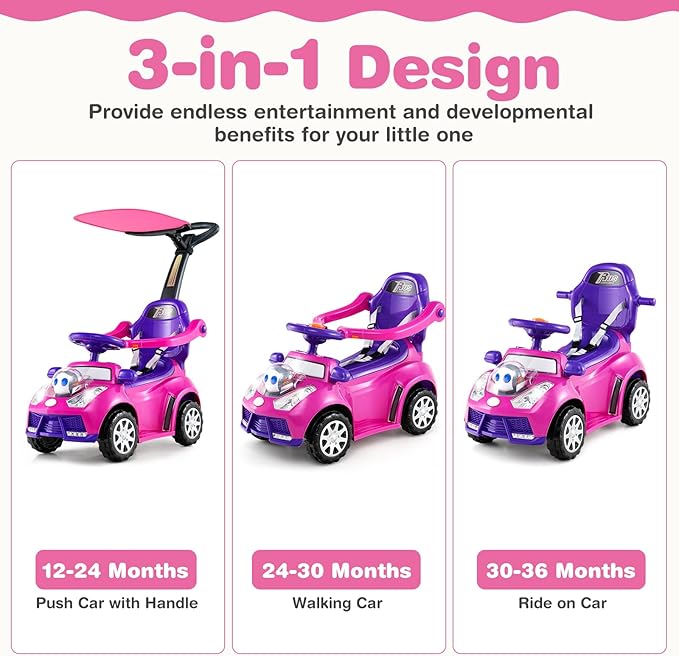 Costzon Push Car for Toddlers, 3 in 1 Stroller Sliding Walking Car with Handle, Canopy, Seat Belt, Horn, Music & Lights, Under-Seat Storage, Guardrail, Foot-to-Floor Ride On Toy for Boys Girls (Pink)