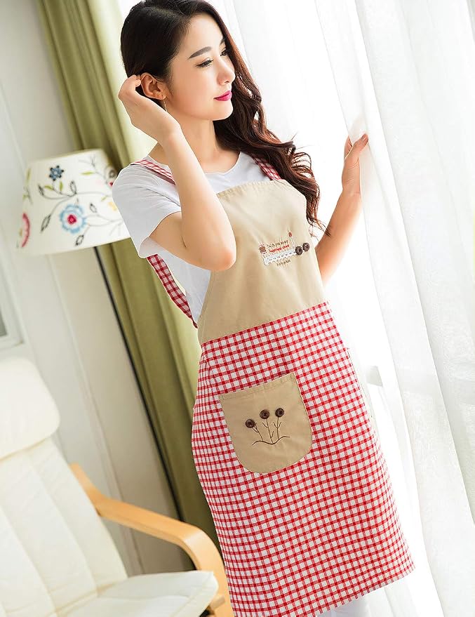 NEWGEM 100% Cotton Patchwork Apron with Pockets - Aesthetic H-Back Gingham Smock for Painting, Gift for Wife Mom (Red/White Cat)