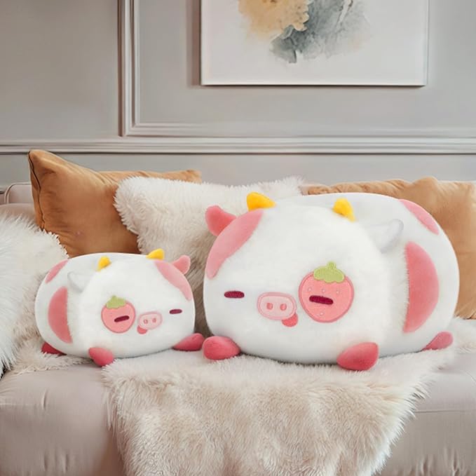 Mewaii Strawberry Cow Plush Pillow, Kawaii Cow Stuffed Animals, Cute Plushies for Girls, Soft Pink Cow Plush, Birthday Gifts for Kids Adults Teens (8 Inch)