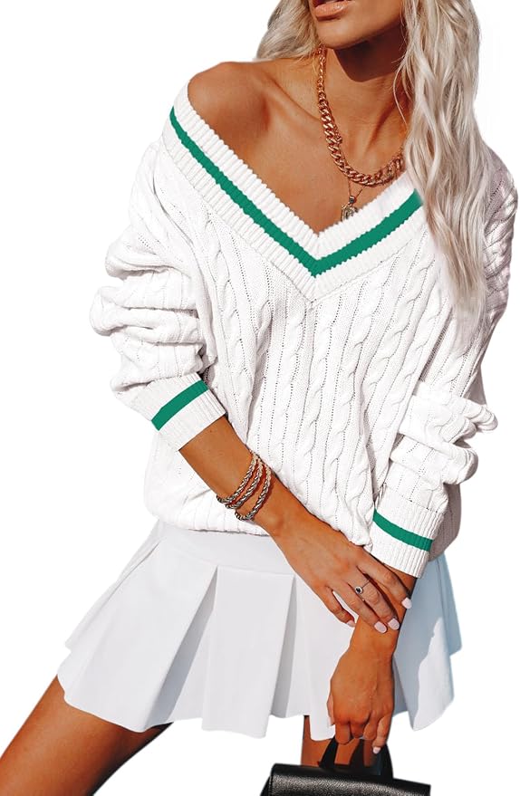 Aoudery Womens V Neck Oversized Sweaters Long Sleeve Cable Knit Pullover Striped Chunky Sweater Casual Tennis Tunic Tops