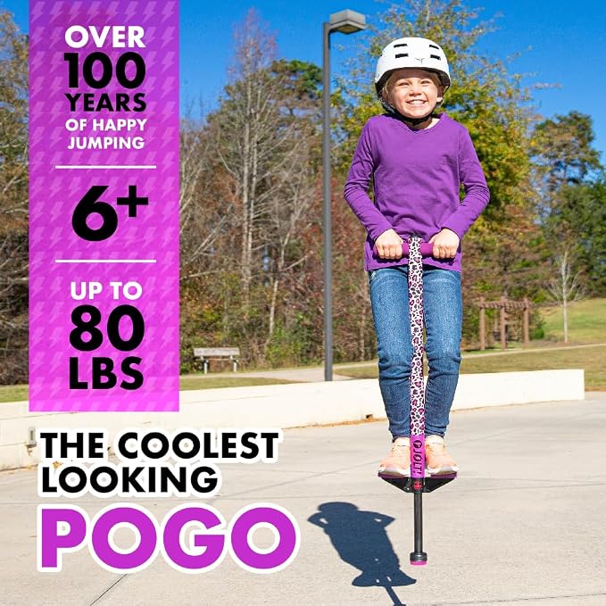 Flybar Jolt Pogo Stick for Kids, Perfect for Beginners w/ Foam-Covered Metal Frame, Handles & Padding, Non-Slip Foot Pads, Wide Tip, Outdoor Active Play Toy for Boys & Girls, Ages 6+, Leopard