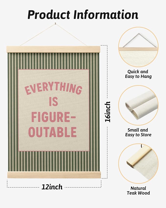 FGFK Everything Is Figureoutable Positive Affirmations Wall Art Poster Hanger Frame, Retro Pink and Green Inspirational Canvas Prints Framed Wall Decor for Office Classroom Home Bedroom, 12x16 Inch