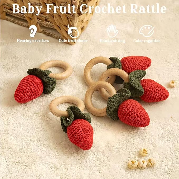 Wooden Baby Rattle Toys Stuffed Crochet Rattle with Teether Ring for Newborn Babies Fruit Wooden Teether Toy Infant Toddler Handcrafted Crochet Rattles Cute Shower Gifts for Boy and Girls