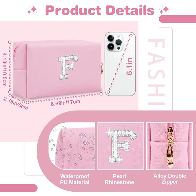 ChaoGreat Bride Gifts – Personalized Initial Makeup Bag with Pearl Rhinestone Patch, Preppy Pink Monogram Cosmetic/Toiletry Pouch, bridesmaid Gifts, Bridal Shower Gifts, Wedding Gifts, Bridal Gifts,F
