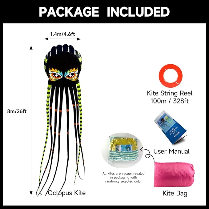 Kites for Adults Giant Octopus Kite 26ft for Outdoor Fun Large 3D Kite with Reel for Beach, Park, and Family Gatherings - Durable Design Easy to Fly