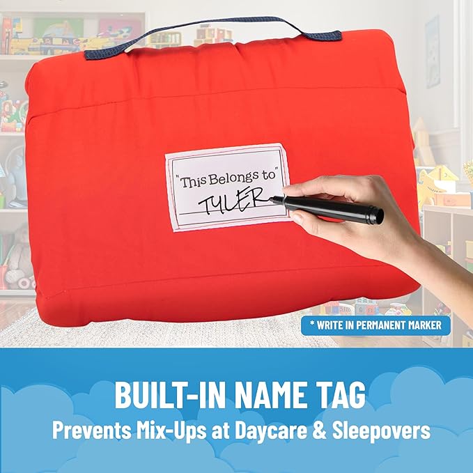 Jay Franco Kids Nap Mat with Embedded Pillow & Blanket – Soft 46"x20" Microfiber Sleeping Bag with Name Tag & Handle