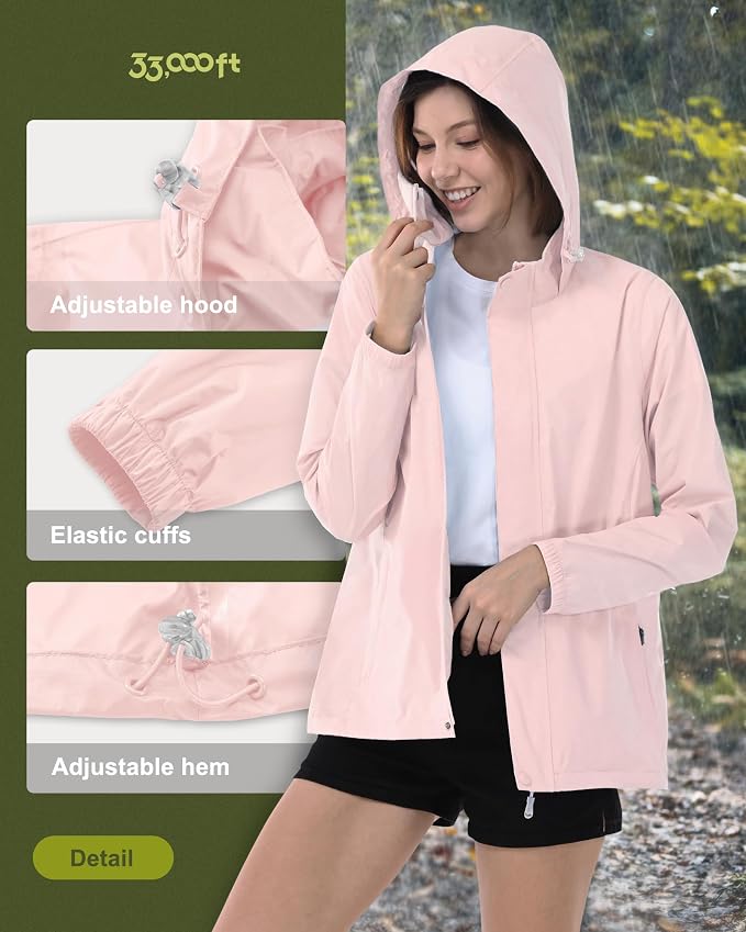 33,000ft Women's Rain Jacket Waterproof Lightweight Packable Raincoat with Hood for Golf Hiking Travel Windbreaker