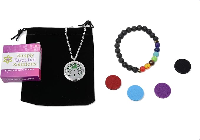 Aromatherapy Essential Oil Diffuser Stainless Steel 30MM Silver Magnetic Locket Pendant 2 Sizes Chain Necklace, Refill Pads & Diffuser Bracelet in a Velvet Bag (Double Fairy)