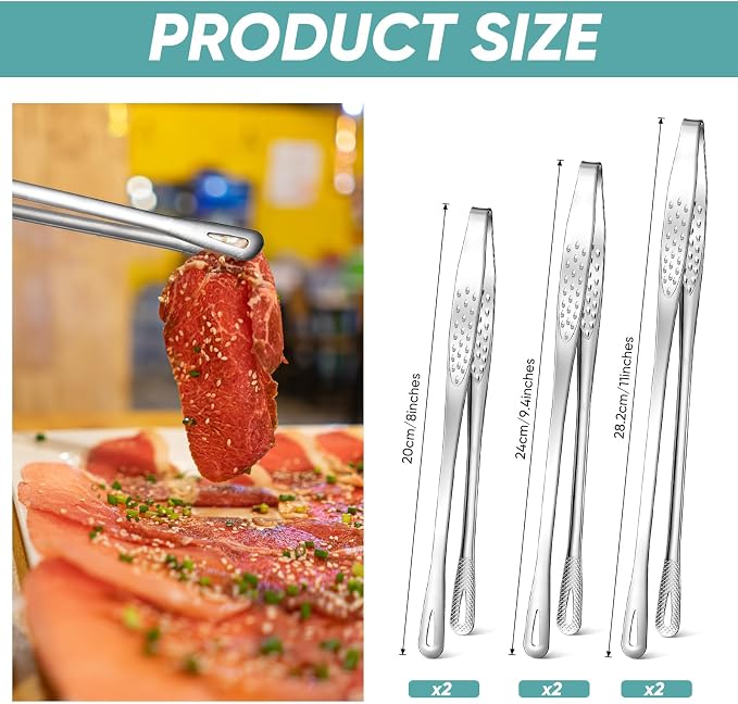 meekoo 6 Pcs 3 Size Stainless Steel Korean BBQ Grill Tongs Japanese Barbecue Tongs for Cooking Portable Kitchenware Home Outdoor Steak Salad Food(9.5+7.8+3.2 Inches)
