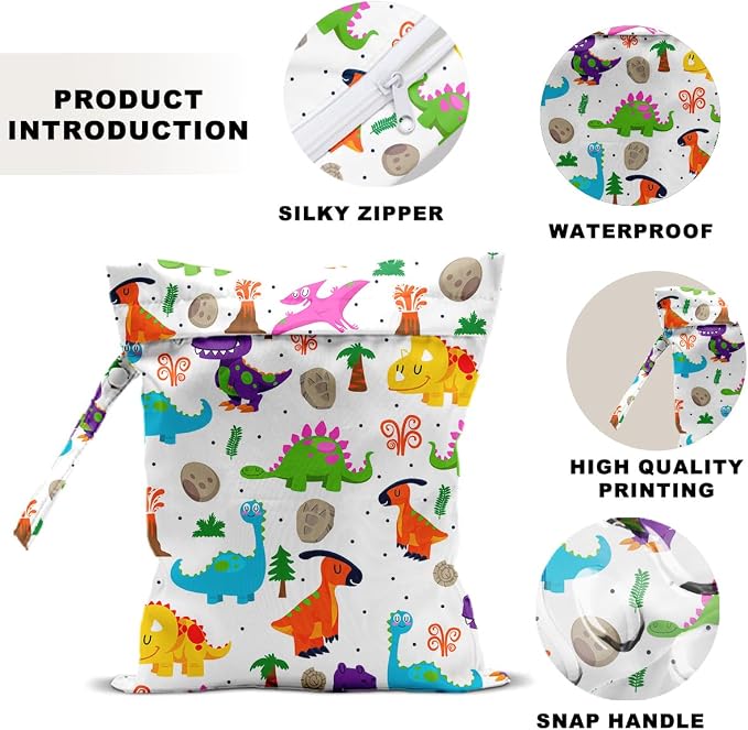 2 PCS Dinosaur Style Travel Laundry Bags 12x10 Inch, Waterproof Reusable Wet Bag with Handle, Wet Dry Bag for Swimsuit Travel Beach Pool Diapers Dirty Yoga Gym Clothes Stroller Toiletries