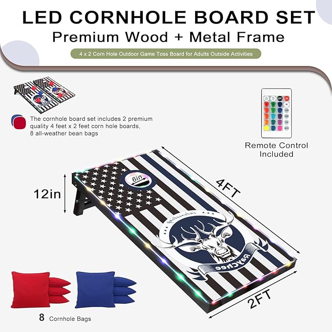 LED Cornhole Set, 3 x 2ft / 4 x2 ft Cornhole Board Game Set, Corn Hole Outdoor Game, Multi-Design with Light-Up Border, 8 Bean Bags, Carrying Case for Backyard, Beach, Lawn