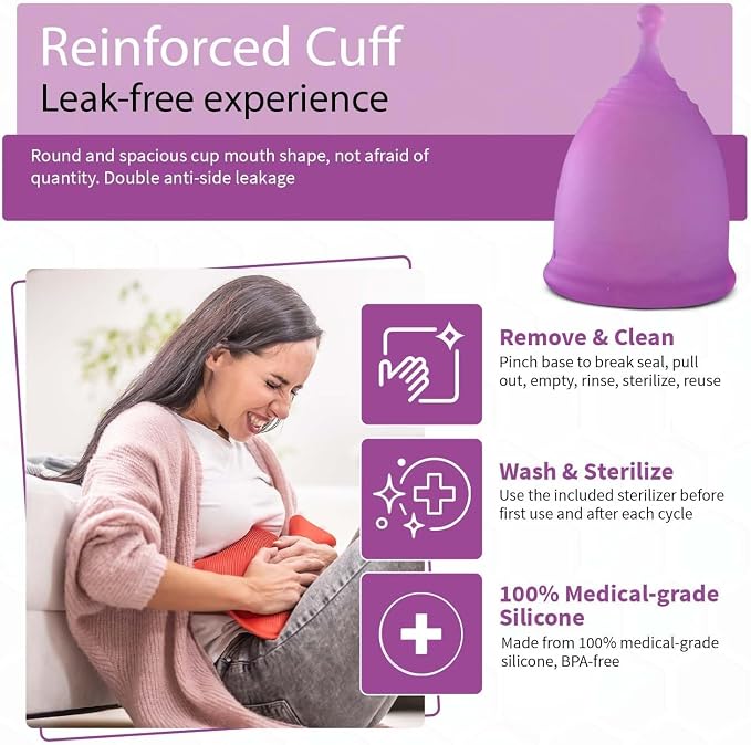 Angel's Peel Lounge Menstrual Cup for Women - 100% Medical-Grade Leak-Free Soft & Flexible Silicone Cup - 12 Hour Leak Protection Eco-Friendly & Reusable Period Cups for Women - Purple - Small