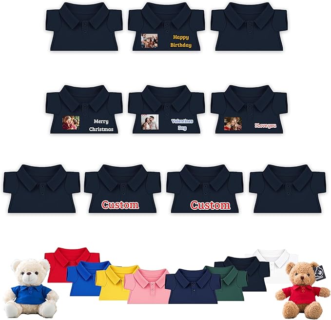 10 Pcs Personalized Teddy Bear Clothes with Text Photo, Custom Stuffed Animal Clothing Fit 8-16 inch Stuffed Bear Clothes for Teddy Bears, Doll Clothing Make Your Own Plush Doll Shirt