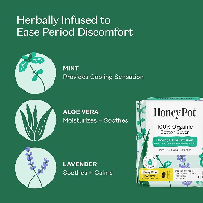 The Honey Pot Company - 56ct - Herbal Sanitary Pads for Women - Heavy Flow w/Wings - Infused w/Essential Oils for Cooling Effect & Organic Cotton Cover - Feminine Care