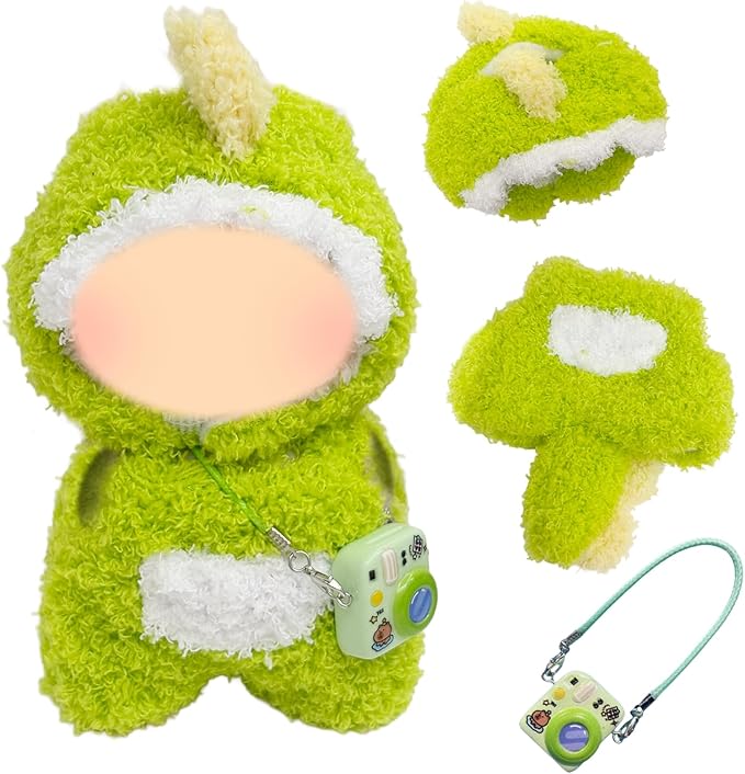 17cm Doll Clothes, 3 Pcs Dinosaur Outfit Include 1 Jumpsuit 1 Headgear 1 Camera Padent for Dolls Premium Outfit, Birthday Holiday Present for Adults Kids (No Doll) Green