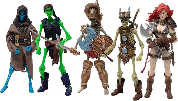 Boss Fight Studio Epic H.A.C.K.S. Red Sonja Deluxe Action Figure with Grim Spectre, Pirate, Gladiator, and Barbarian Skeletons, Set of 5 Highly Articulated Figurines, Interchangeable Accessories, 1:12