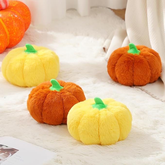 4 Pcs Pumpkin Pillows Fall Halloween Pumpkin Stuffed Animals Rabbit Hair Plush Toys Fluffy Thanksgiving Decor Throw Pillows Gifts for Kids for Home Bedroom Sofa Couch(Yellow,Brown)