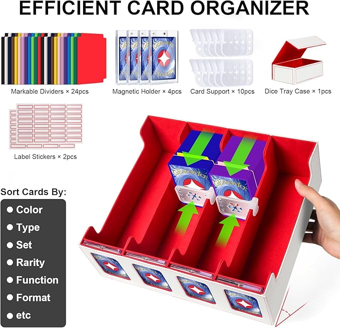 GEAoffice Trading Card Storage Box with Commander Display, 3200+ Card Deck Case with Magnetic Removable Lid, 4-Row Deck Box for MTG/TCG/Sports/Games, 10 Stoppers, 24 Dividers, 1 Dice Tray, White Red