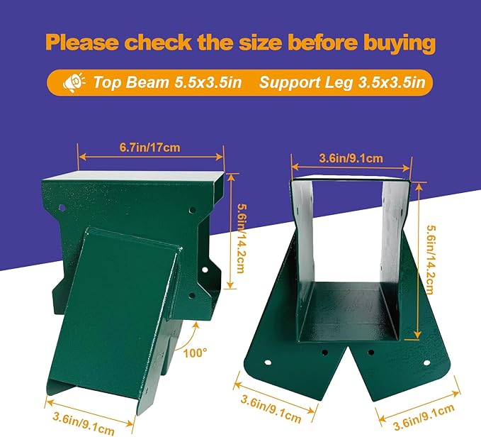 A-Frame Swing Set Brackets - DIY Swing Set Bracket for 4x4 Legs & 4x6 Beam, Installed on Wooden or Concrete Floors, Green (2 End Brackets+4 Bases+2 Hangers)