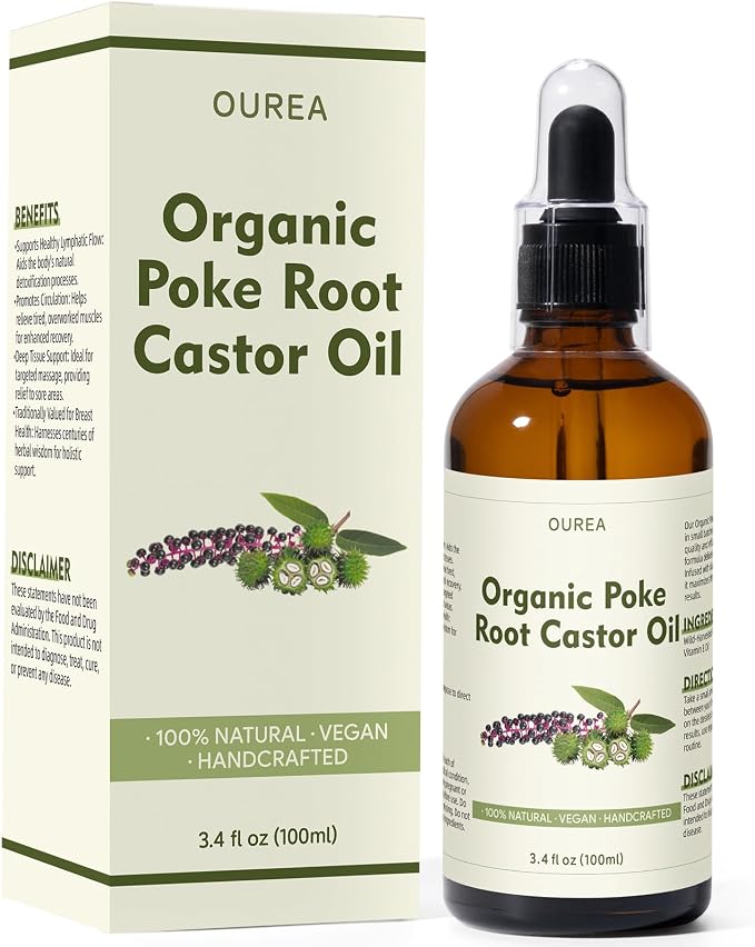 Organic Poke Root Castor Oil – 3.4 Fl Oz Natural Lymphatic Support Massage Oil, Soothing Relief for Cysts, Boils, Breast, Fibroids, Swollen Lymph Nodes & Joint – Deep Tissue Drops