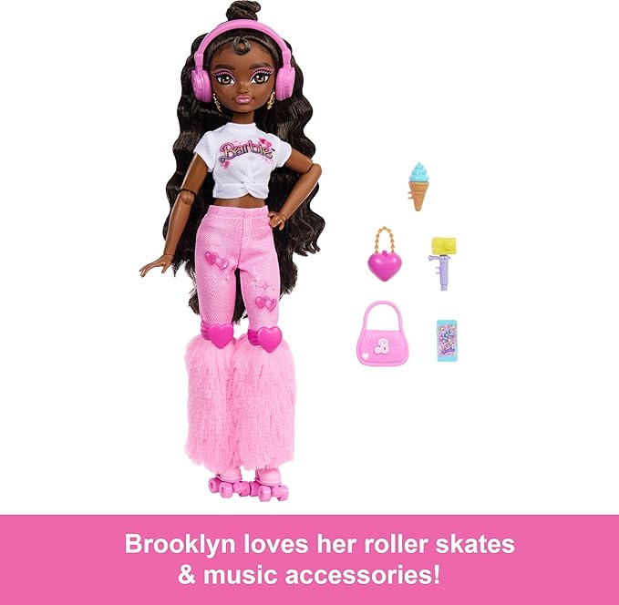 Barbie Dream Besties Doll and Accessories, Brooklyn Posable Roller Skating Fashion Doll with Dark Brown Hair, 9 Music & Video Themed Pieces