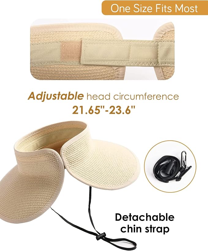FURTALK Womens Sun Hat with Ponytail Hole Wide Brim Beach Straw Visor | Foldable & Packable for Beach Vacations, Adjustable Fit for Messy Buns, Detachable Windproof Strap, Sweat-Wicking Inner Band