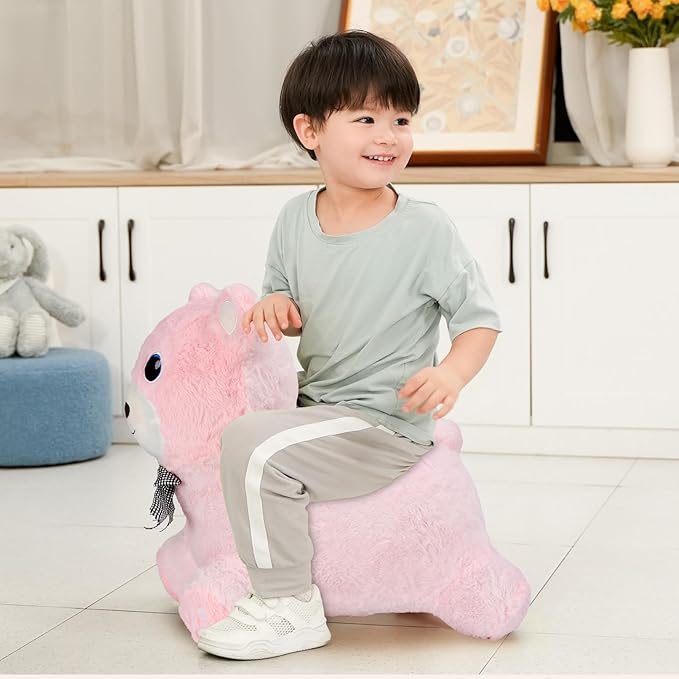 INPANY Bear Bouncy Horse Hopper Toys, Toddler Girl Plush Bouncing Animal, Baby Inflatable Bounce Buddies, Kid Ride on Rubber Bouncer, Outdoor Indoor Cute Birthday Gift Toy for 2 3 4 Year Old Girl Boy