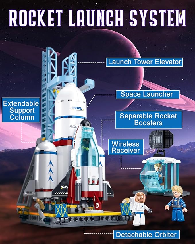 City Space Launch Center Building Set, Rocket Launchpad Building Kit with 4 Astronaut Minifigures for STEM Role-Play, Gift Toys for Boys 6-12, Compatible with Lego Space, 424 PCS