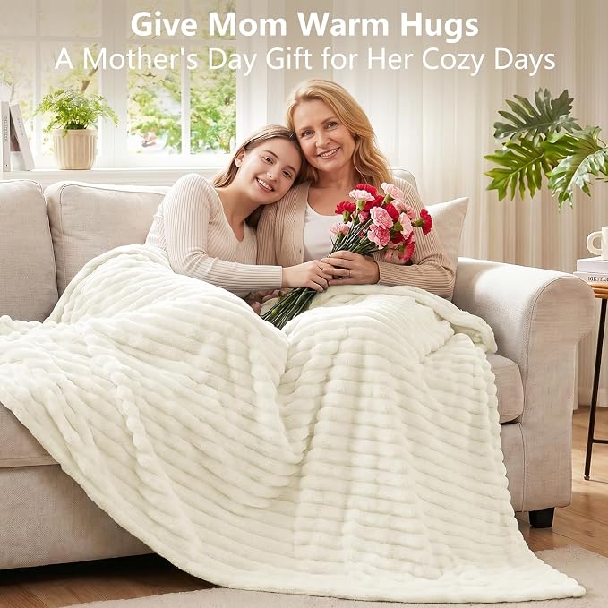 Cream White Throw Blanket for Couch & Bed, 50 x 60 Inch | 300GSM Ribbed Fleece Blanket, Soft, Cozy & Lightweight, OEKO-TEX Certified, All-Season Use for Travel, Dorm & Home Decor