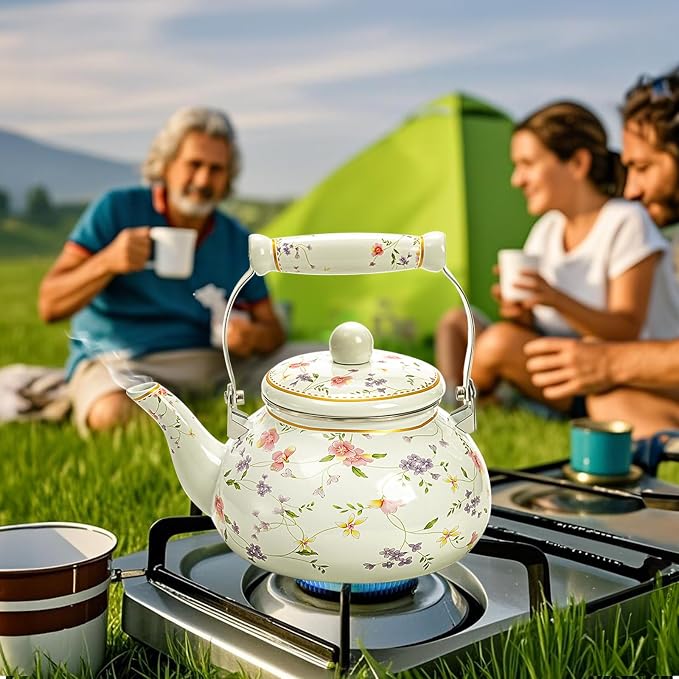 Jucoan Vintage Enamel Tea Kettle, 2.6 Quart Floral Enamel Water Kettle Teapot with Porcelain Handle for Stovetop Home Kitchen Camping, Housewarming Wedding Bridal Shower Mother's Day