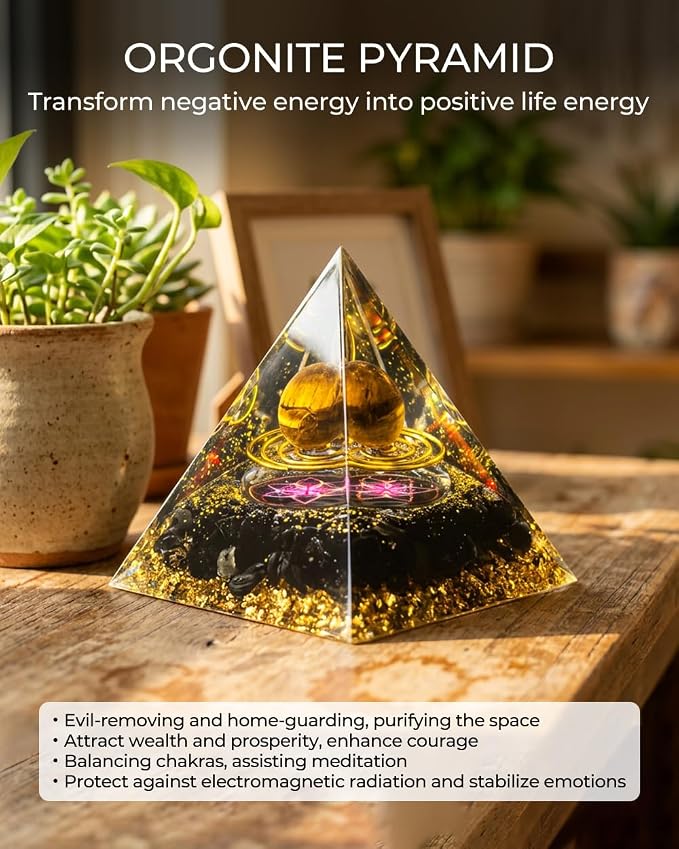 Orgone Pyramid with Healing Crystals - (Space - Planets) - Golden Obsidian Energy Generator for Positive Vibe, Stress Relief & Chakra Reiki Meditation - Spiritual Gift for Success, Wealth & Prosperity