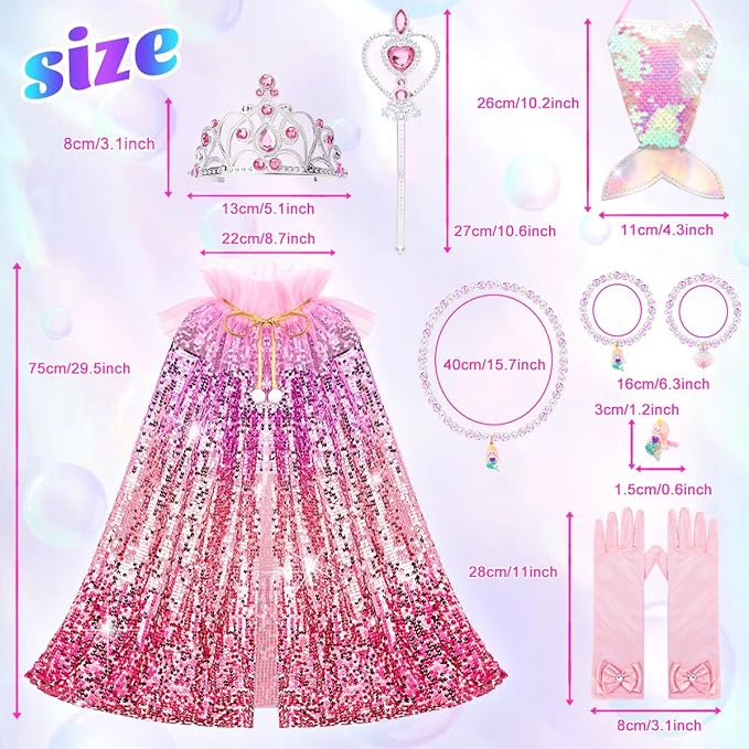 Meland Princess Dress Up for Girls 3-8, 11Pcs Mermaid Cape with Crown, Dress Up Clothes Birthday Gift Toys for Girls Toddlers