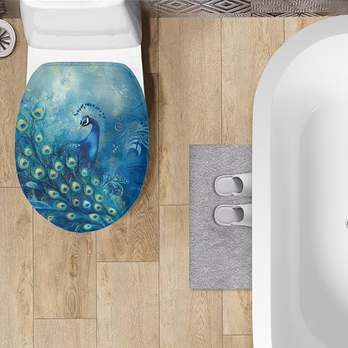 Peacock Toilet Seat Cover for Bathroom Animal Peacock Toilet Seat Pads Dust Cover Reusable Replacement Fabric Elastic Universal Fit Elongated Oval Round Lid,Easy to Clean