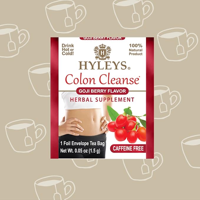HYLEYS Colon Cleanse Tea, Goji Berry Flavor - 300 Individually Wrapped Herbal Tea Bags (12 Pack of 25) - Caffeine Free, Vegan