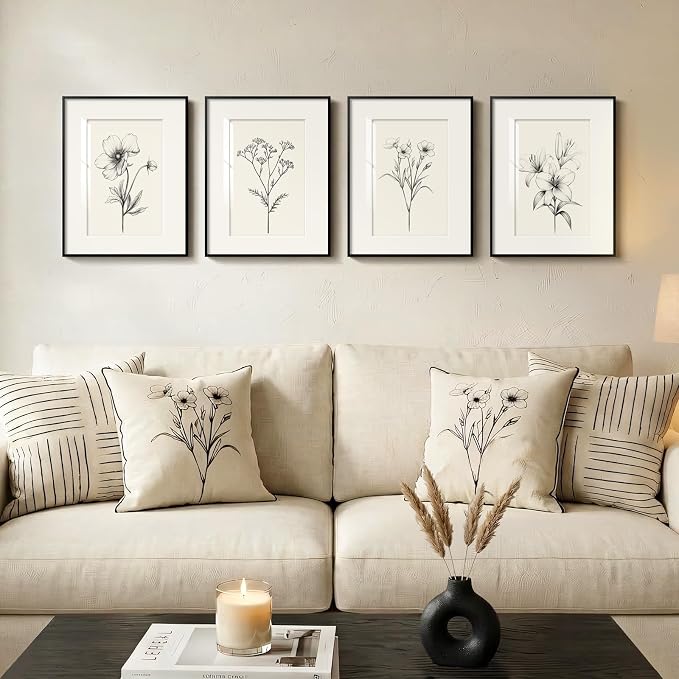 Framed Black and White Floral Wall Art for Bedroom, Vintage Minimalist Botanical Prints Artwork for Walls, Neutral Flower Pictures for Modern Farmhouse Bedroom Living Room Office Wall Decor, 12x16 In
