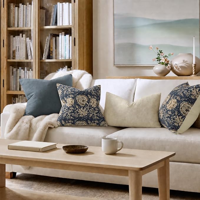 Vintage Floral Print Throw Pillow Covers 22x22 Set of 2 Neutral Modern Farmhouse Pillow Cases Accent Decorative Cushion Covers Boho Home Decor for Couch Sofa Chair Bed Living Room, Navy